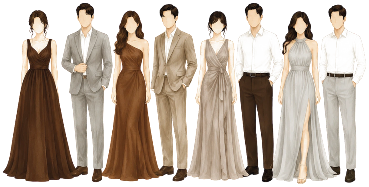 Illustration of guest attire in chocolate, brown, taupe and light grey