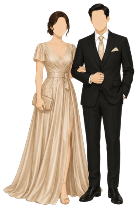 Illustration of principal sponsors' attire: champagne gold gowns and black suits